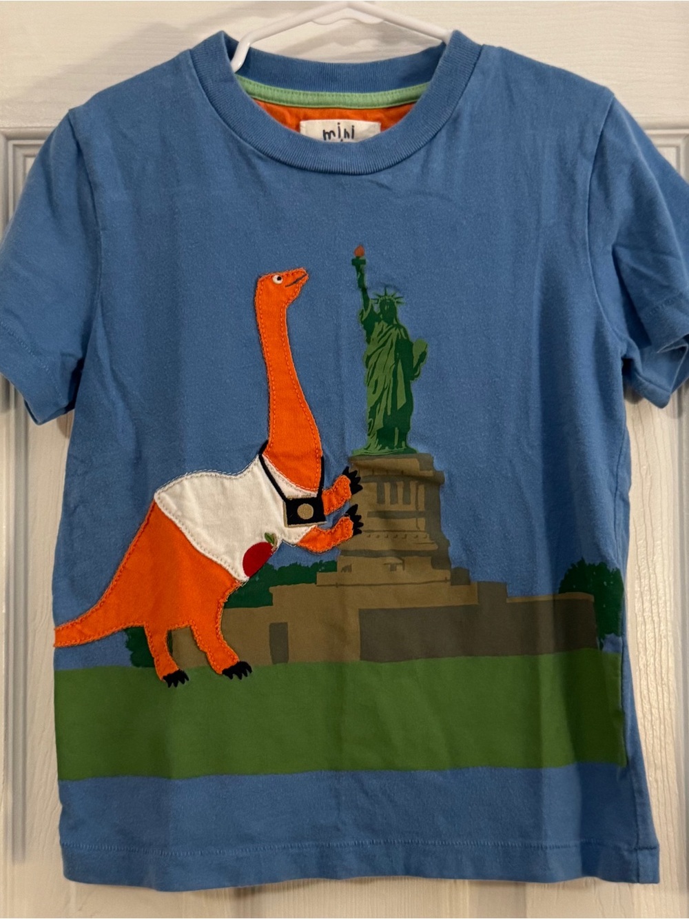 Mini Boden Baby Boy Blue with Orange Dinosaurio and Liberty Statue Short Sleeve
